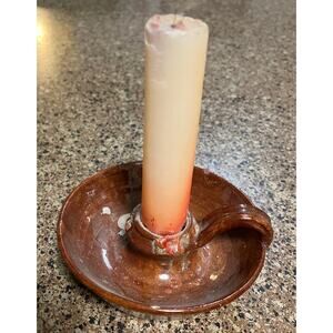 Jamestown Pottery Chamberstick Candleholder Redware Festival Park VTG Handmade